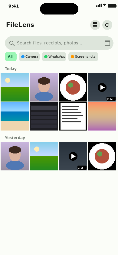 FileLens home screen showing file grid